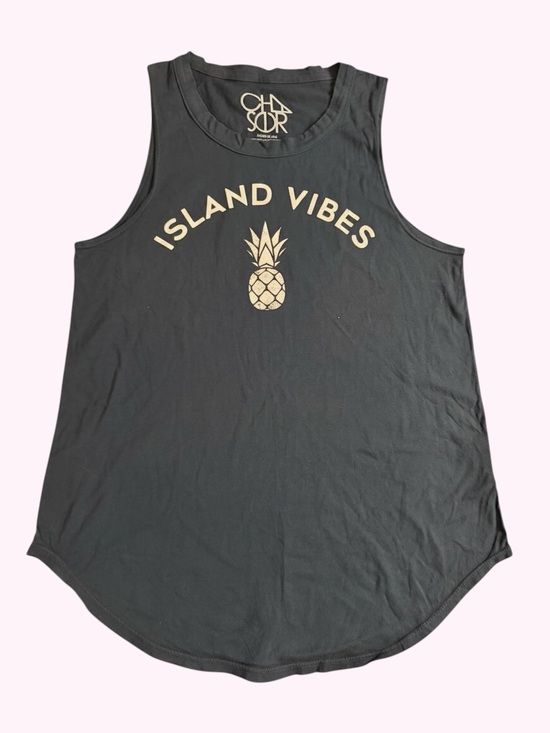 Chaser Tops - Chaser Distressed Black Tank🎀”Island Vibes" Pineapple Graphic🎀Medium 🎀NWOT 🎀